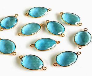 Topaze bleue Quartz 9x13mm lunette Double Bali connecteur en argent Sterling plaqué or pendentif bijoux pour elle bijoux faits à la main - Product Image 1