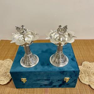 DIYA et lampe en argent plaqué, sculptés à la main, (PAIRE), petit modèle - Product Image 4