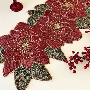 Hecho a mano Floral con cuentas Poinsettia decoración 100% algodón Jacquard camino de mesa para Navidad vacaciones mesa de comedor - Product Image 2