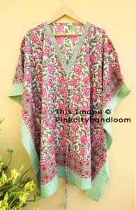 Ropa de dormir de algodón Maxi vestido caftán para mujer bloque estampado albornoces Bikini corto playa cubrir Kimono con cuello en V - Product Image 4