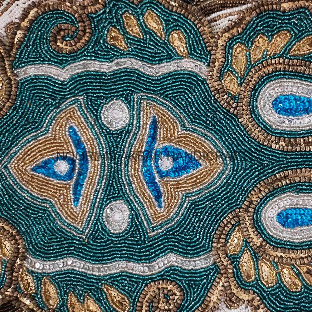 Peacock Feather Embroidered Table Runner, Green, Blue, Brown,