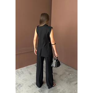 Conjunto de Traje de Lino Negro para Mujer, Chaleco con Cuello y Estampado de Conchas de Almeja y Pantalones - Colección Negra Elegante - Product Image 1