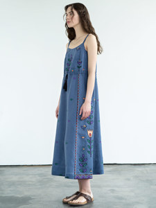 เดรสผ้าคอตตอนสำหรับผู้หญิง,ชุดกระโปรงเข้ารูปคอกลมแขนกุดปักลาย - Product Image 3