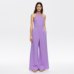 2026 Custom Summer Fashion Chic One Piece High Waist Sleeveless Halter Lace Purple <strong>Jumpsuit</strong> for Women - Product Image 1