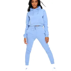 100% Cotton Slim Fit Women Blue Sweatsuit High Quality Winter Crop Top Jogger Set