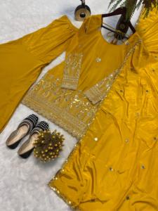 Traje Sharara bordado de seda crepé amarillo radiante Ropa de fiesta festiva Elegante Dupatta Detalles intrincados Estilo Salwar Kameez - Product Image 5