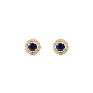 Pendientes de Botón de Oro Puro de 18K con Zafiro Azul Natural de Corte Redondo de 0.25 ct y Halo de Diamantes Laterales, Regalo para Ella - Product Image 1