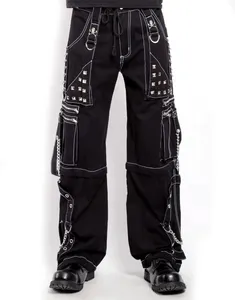 定制阶梯式链裤黑色对比白色针脚裤哥特式链子和带子细节