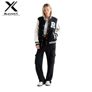 ELEVATEX Women's Varsity Jacket Black White Letter R Front Full Sleeve Turn-down Collar Polyester Cotton Autumn Wear - Product Image 1