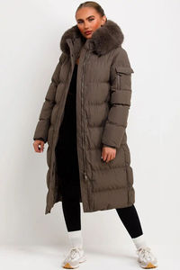 Manteau d'hiver matelassé long pour femme, personnalisé, unique, marron, OEM, avec capuche en fourrure, fermeture éclair intégrale et rembourrage matelassé - Product Image 2