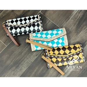 Portefeuille pour femme en cuir véritable à carreaux, personnalisé avec logo, prix de gros, avec porte-téléphone et porte-cartes, pochette avec dragonne - Product Image 1