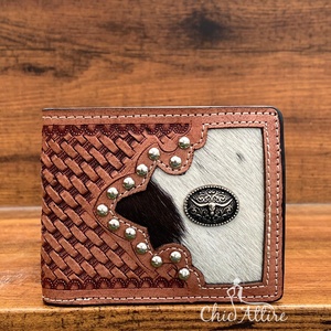 Cartera plegable tallada de vaquero hecha a mano Floral para hombre, tarjetero de piel de vaca occidental informal de lujo de cuero con pelo largo - Product Image 1