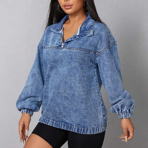 Nouvelle veste en jean vintage personnalisée à la mode veste à épaules tombantes à demi fermeture éclair coupe régulière avec poches vestes en jean de rue pour femmes - Product Image 6