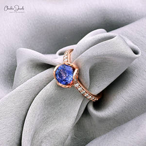 Bague de mariage florale en or rose 14 carats avec tanzanite et diamant blanc, pierre précieuse taillée de 7 mm, style tendance, collection de bijoux en gros - Product Image 3