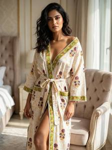 Bata Kimono de Algodón con Estampado Floral Hecho a Mano, Ligera, para Descansar, Tallas Grandes de EE. UU., Regalo para Mujer - Product Image 5