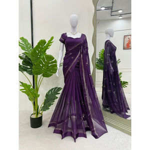 Bollywood-Style Indian Pakistani Viscose Saree with Thread <b>Sequin</b> Embroidery Designer Partywear Blouse Set Included - Product Image 1