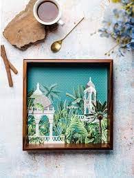 Impresionante bandeja de desayuno de resina pintada a mano, accesorio de Hotel de forma estándar, bandeja de madera con patrón de modelo, precio competitivo - Product Image 5