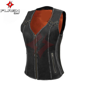 Femmes en détresse gris cuir moto cavalier gilet motard gilet Stretch panneaux latéraux à lacets avant fermeture à glissière classique - Product Image 4