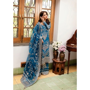 Vestido Charizma Dastan-E-Jashan, Traje de 3 Piezas sin Coser, de Lujo, Formal, Bordado, en Chifón y Organza – Azul - Product Image 1