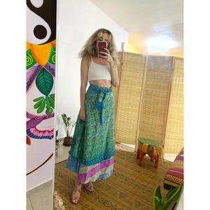 Falda Larga Cruzada Estampada en Turquesa para Mujer, Falda Maxi de Algodón con Estampado a Mano, Cintura Ajustable con Lazada, Estilo Bohemio Étnico - Product Image 3