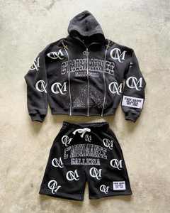 Ensemble survêtements zippés personnalisés délavés à l'acide veste et short vintage respirant avec jogging en strass imprimé DTG court - Product Image 4