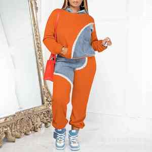 Conjuntos de dos piezas para mujer, chándal, pantalones vaqueros de otoño, Top con capucha empalmado, sudaderas, pantalones Jogger de bolsillo, traje suelto para mujer, señora de oficina - Product Image 3
