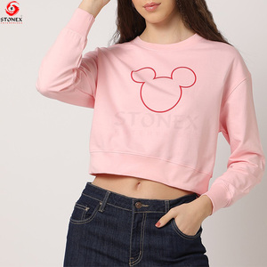 Sudadera Corta Rosa para Mujer con Cuello Redondo, Logotipo Personalizado, Estampado de Contorno, Manga Larga, Tejido de Algodón, Estilo Otoñal - Product Image 6