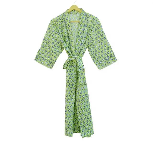 Floral Printed Light Green Soft Cotton Sleepwear Kimono Robe Beach Wear Bikini Cover Up Kimono Robe