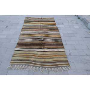 Turkish Rug, 4.1x8.4 ft Area Rug, <b>Brown</b> Striped <b>Wool</b> Vintage Rug - Product Image 1