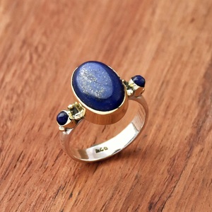 <b>Lapis</b> <b>Lazuli</b> 925 Sterling Silver Handmade Triple Stone Two Tone Statement Birthstone <b>Ring</b> Gift for Her - Product Image 3