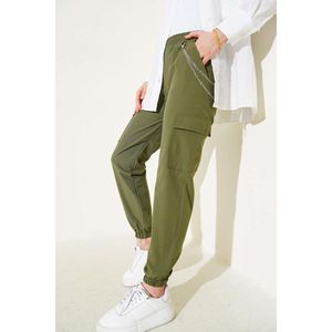 Pantalones Cargo de cintura elástica caqui para mujer con tela de lona transpirable estilo acampanado de cintura media decoración de rayas laterales lavado de colores - Product Image 4