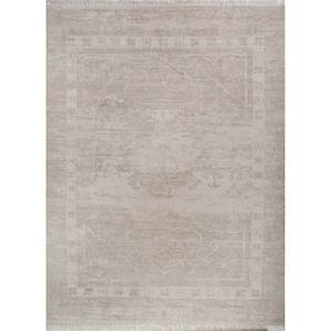Tapis noué à la main en laine Thyme Ivory, rectangulaire 9x12, motif médaillon abstrait patchwork, style Tabriz pour salon domestique AKWL-1556 - Product Image 1