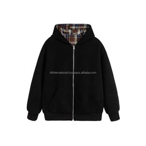 High Quality High Street 100% Cotton Spring Autumn Reversible Plaid Unisex Casual Full Zipper Hoodie <b>Jacket</b> - Product Image 6