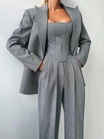 Set celana Blazer Fishbone, 3 buah untuk wanita, jaket satu kancing Solid, atasan Crop pinggang tinggi, celana saku 2025, Set kantor
