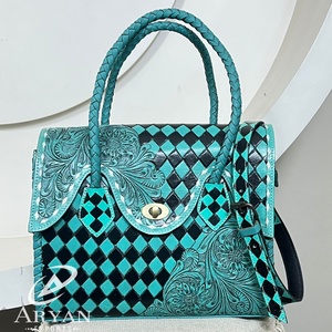 Western Handcrafted Genuine Leather Checkered <b>Tote</b> <b>Bag</b> Floral <b>Tooling</b> Stylish Women Shoulder & Crossbody Handbag For Daily Use - Product Image 1