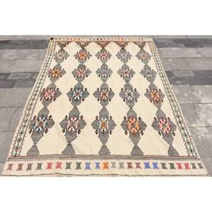 Alfombra de lana blanca tradicional 5,3X7,3 pies hecha a mano rectángulo turco patrón de pasillo diseño de retazos látex de 10mm para dormitorio - Product Image 1