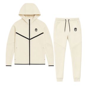 Conjunto Deportivo de Chaqueta con Capucha y Cremallera Completa y Pantalones Deportivos de Felpa Técnica para Hombre, Color Marfil, para Entrenamiento Atlético - Product Image 1