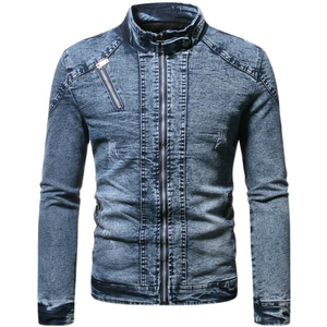 Chaqueta Vaquera Desgastada para Hombre, Estilo Motero, Moda Otoño Invierno, Chaqueta Vaquera de Mezclilla con Cuello Alto para Hombre - Product Image 1