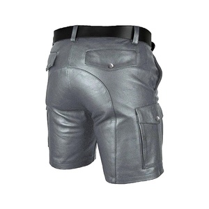 Streetwear Custom Men's <b>3</b>/<b>4</b> <b>Short</b> Faux Leather Drawstring Waist Breathable Vintage Casual Knitted Wide Leg Solid Leather <b>Shorts</b> - Product Image 2