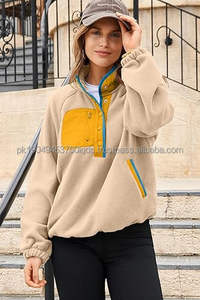 Sweat pour femmes surdimensionné floue polaire veste couleur bloc bouton manches longues pull Sherpa sweats hauts - Product Image 2