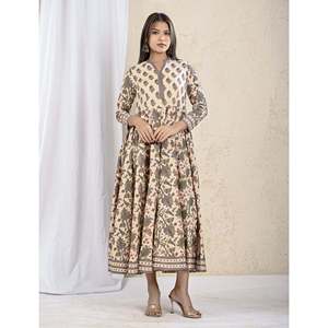For Cream Grey Jaal Printed Cotton Long <b>Dress</b> Casual Hippie <b>Goth</b> Party Style Breathable ODM Customizable Sizes Including 5XL One - Product Image 3