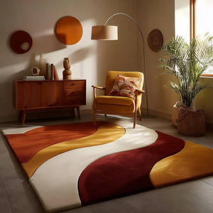 Retro Wavy Wool Area Rug Mid Century Modern Burnt Orange <b>Carpet</b> <b>for</b> Living Room, Bedroom, Dining Room, Guest Room - Product Image 3