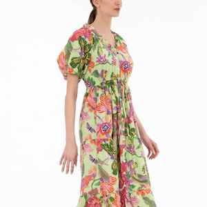 Vestido Maxi Estampado Floral para Mujer, Vestido Holgado de Gasa para Verano, Cuello en V, Manga Abullonada, Transpirable, Informal, para Ocio al Aire Libre - Product Image 1