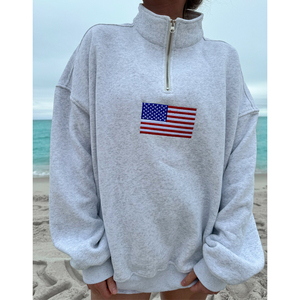 Sweat-shirt gris drapeau américain brodé 1/4 Sweat-shirt zippé quart Pull drapeau américain Sweat-shirt à fermeture éclair quart - Product Image 4