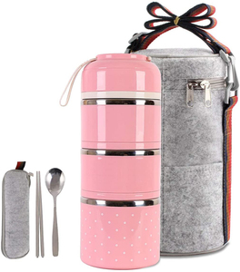 Gıda depolama için pembe öğle yemeği kutuları Bento kutusu kamp taşınabilir piknik çanta ve Curlery ile 3 katmanlı sızdırmaz gıda konteyner - Product Image 1