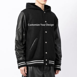 Veste de baseball à capuche pour homme automne 2026, design personnalisé, logo, manches en cuir, noire, décontractée, unisexe, en laine, style universitaire - Product Image 1