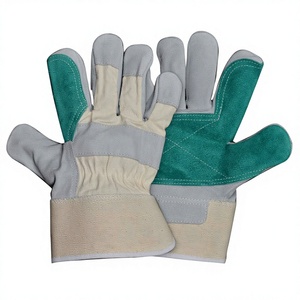 Gants de travail robustes en cuir de vachette pleine fleur lisse et durable, paume doublement renforcée verte, manchette caoutchoutée de sécurité, résistants à la chaleur et au feu - Product Image 1