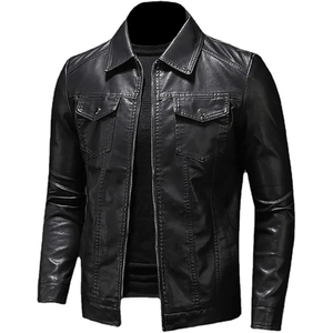 Veste en cuir pour homme, grande poche, fermeture éclair noire, col à revers, coupe slim, printemps et automne, veste en PU pour homme - Product Image 3
