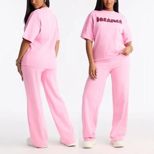 Ensemble de survêtement pour femmes, t-shirt long ample à deux pièces, nouveau logo personnalisé, tendance, tricot décontracté, épaules tombantes, pantalon - Product Image 5