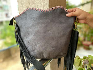 New Western Style Hair on Hide Fur Suede Leather Fringe <b>Bag</b> High Quality <b>Boho</b> Women Fur Leather Unique Middle Concho Fringe <b>Bags</b> - Product Image 5